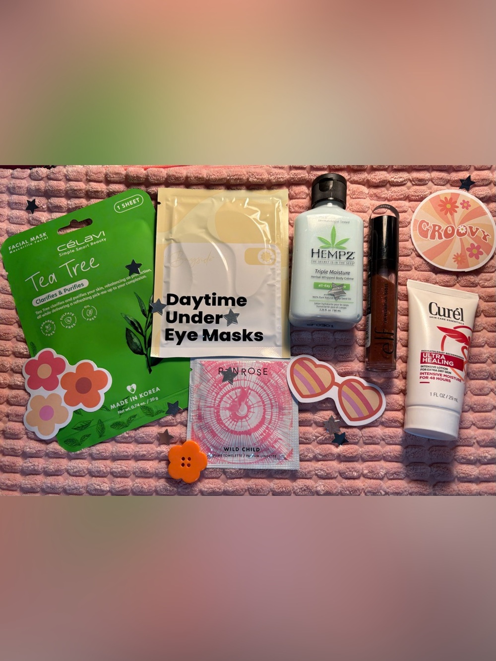 Spa Day Gift Set - Tea Tree Mask~Hempz & Curel Lotion~Eye Masks~Lip Gloss & More